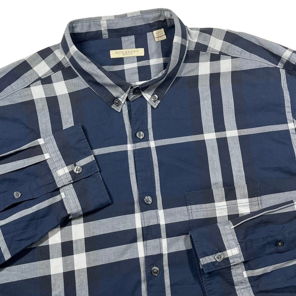 Burberry Brit Button Down Shirt Mens XXL‎ Navy Grey Plaid Check